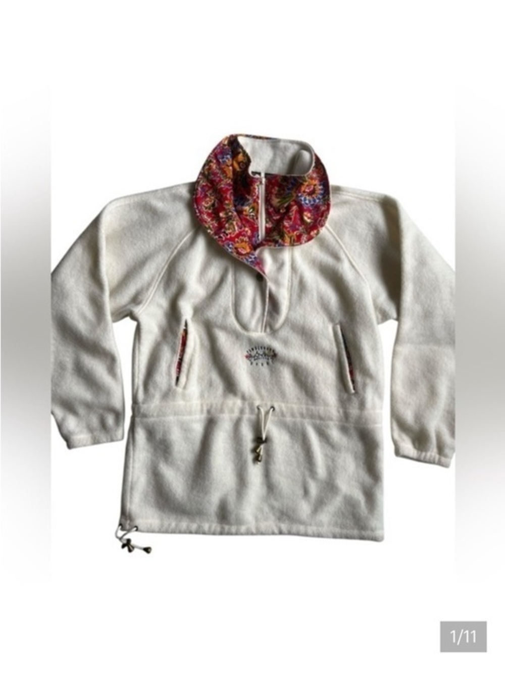 Vintage 80s POWDERHORN White Fleece Jacket with Floral Collar cinched waist